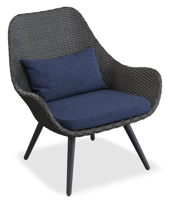 Ensemble de conversation Costa 3 pièces pour la terrasse à l’extérieur avec 2 fauteuils et table à café - osier en résine et métal, résistant aux rayons UV et aux intempéries - gris foncé et bleu