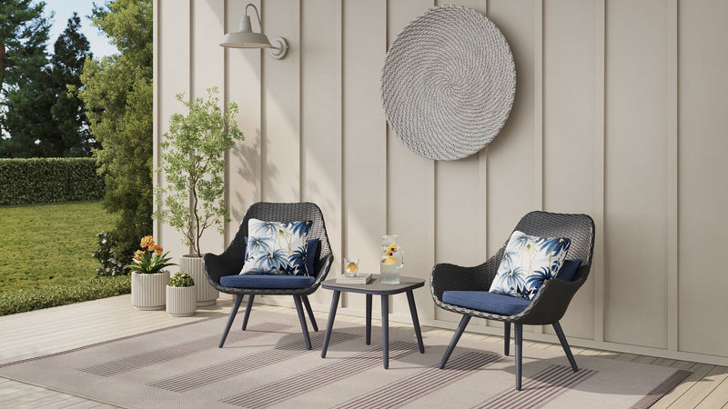 Ensemble de conversation Costa 3 pièces pour la terrasse à l’extérieur avec 2 fauteuils et table à café - osier en résine et métal, résistant aux rayons UV et aux intempéries - gris foncé et bleu
