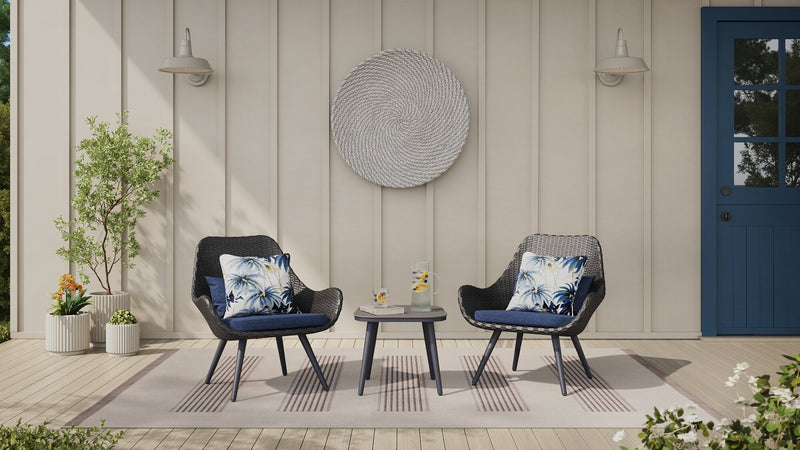 Ensemble de conversation Costa 3 pièces pour la terrasse à l’extérieur avec 2 fauteuils et table à café - osier en résine et métal, résistant aux rayons UV et aux intempéries - gris foncé et bleu