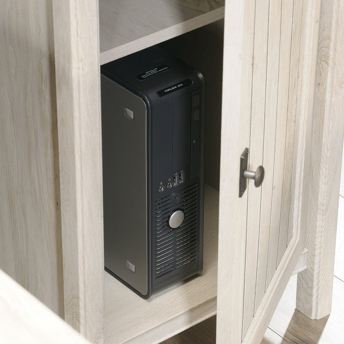 Bureau en forme de L Costa de 65,12 po de qualité commerciale à 3 tiroirs avec armoire - marron blanchi