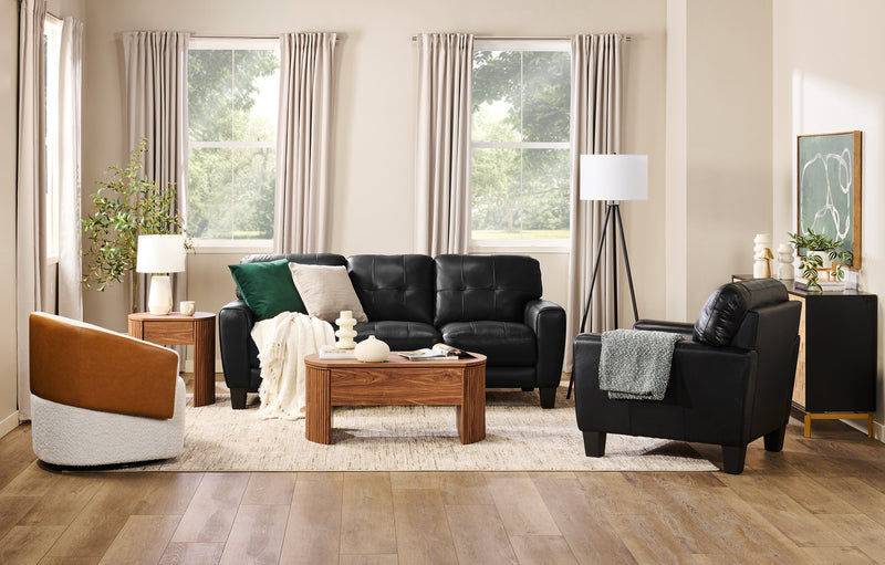 Fauteuil Curt de 41 po en cuir véritable avec capitonnage à boutons - noir