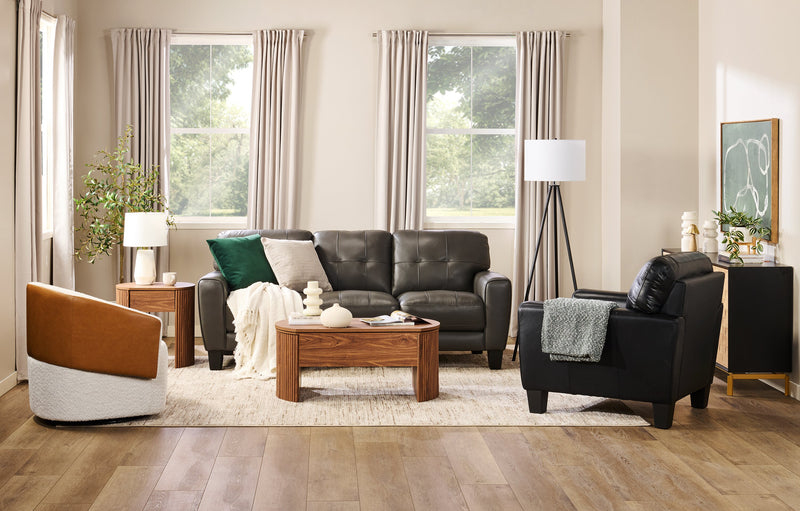 Sofa Curt de 85 po en cuir véritable avec capitonnage à boutons - gris