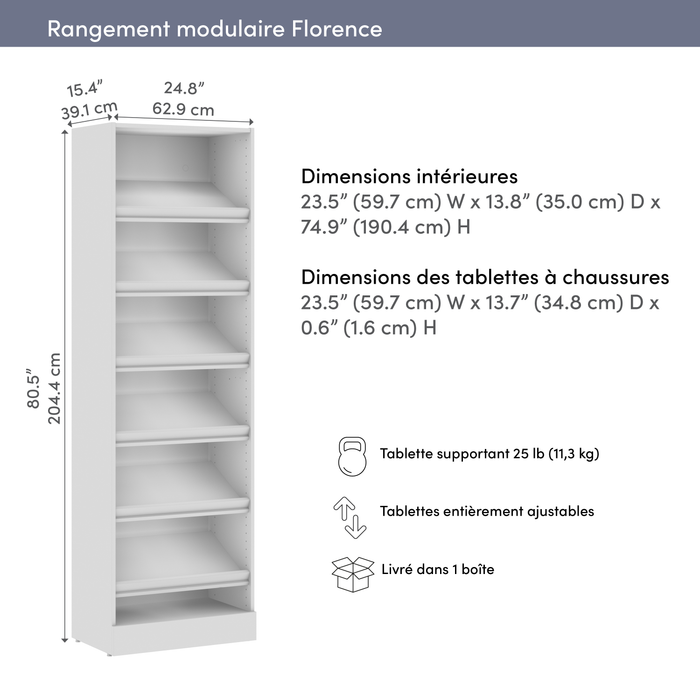 Système de garde-robe modulaire Florence de Bestar de 25 po avec tablette pour chaussures - blanc