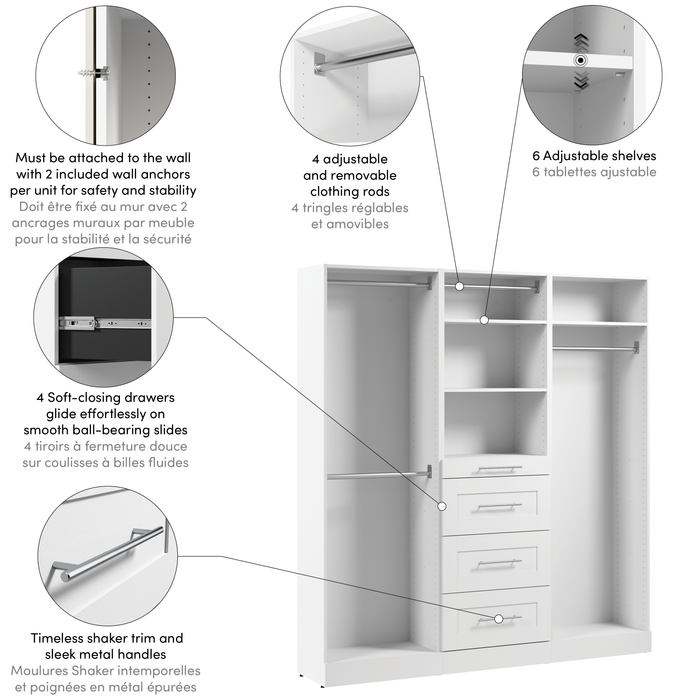 Système de garde-robe modulaire Florence de Bestar de 75 po avec tringles, tablettes et tiroirs de style Shaker - blanc