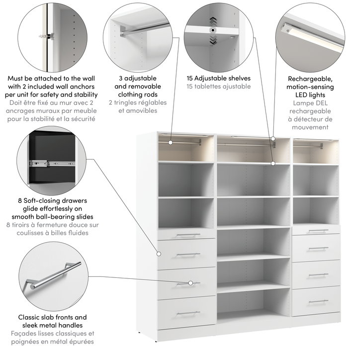Système de garde-robe et pièce-penderie modulaire Florence de Bestar de 85 po avec éclairage à DEL et rangement - blanc