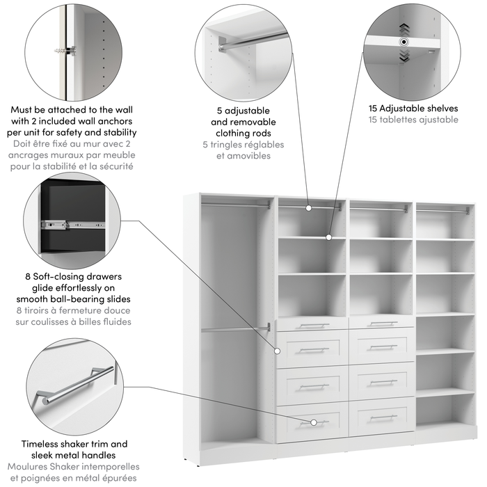 Système de garde-robe et pièce-penderie modulaire Florence de Bestar de 100 po avec tringles, tablettes et tiroirs de style Shaker - blanc