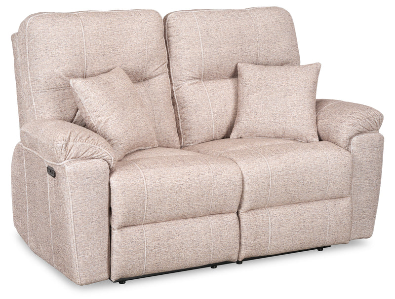 Causeuse à inclinaison électrique Dawson de 64 po fabriquée au Canada en tissu avec port USB et coussins décoratifs - beige