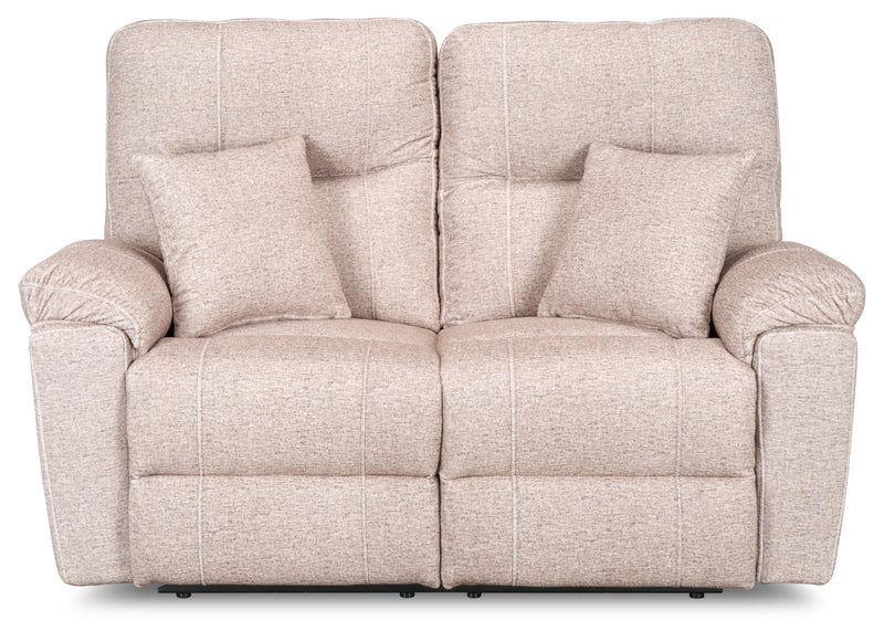 Causeuse à inclinaison électrique Dawson de 64 po fabriquée au Canada en tissu avec port USB et coussins décoratifs - beige