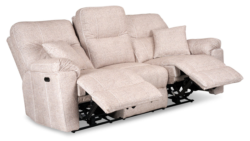 Sofa à inclinaison électrique Dawson de 87 po fabriqué au Canada en tissu avec port USB et coussins décoratifs - beige