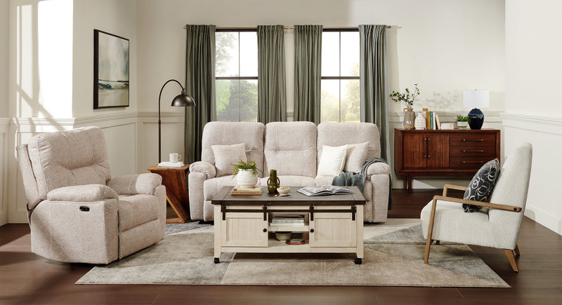 Sofa à inclinaison électrique Dawson de 87 po fabriqué au Canada en tissu avec port USB et coussins décoratifs - beige