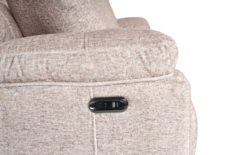 Sofa à inclinaison électrique Dawson de 87 po fabriqué au Canada en tissu avec port USB et coussins décoratifs - beige