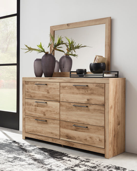 Ensemble de chambre à coucher Derekson 5 pièces avec lit à panneau, commode et miroir, naturel - format très grand lit