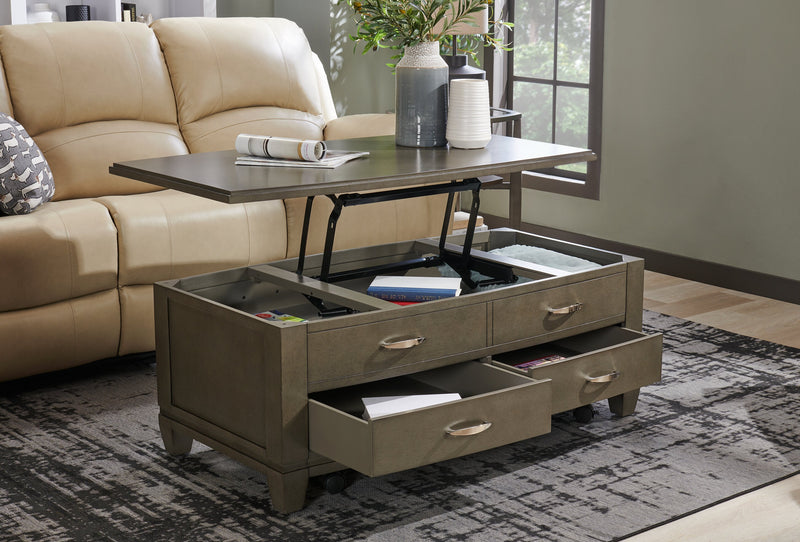 Table à café moderne Downtown de 48 po avec dessus relevable, rangement et roulettes - bois gris-brun