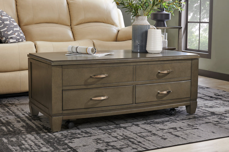 Table à café moderne Downtown de 48 po avec dessus relevable, rangement et roulettes - bois gris-brun