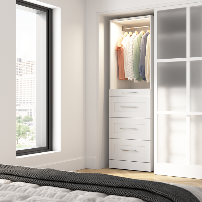 Système de tour garde-robe et pièce-penderie modulaire Florence de Bestar de 25 po avec éclairage à DEL, tablettes et 4 tiroirs de style Shaker - blanche