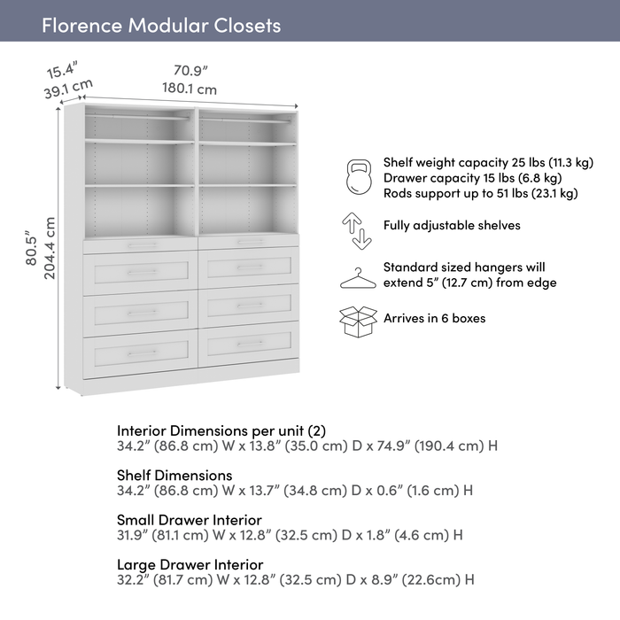 Système de garde-robe et pièce-penderie modulaire Florence de Bestar de 71 po avec rangement - blanc