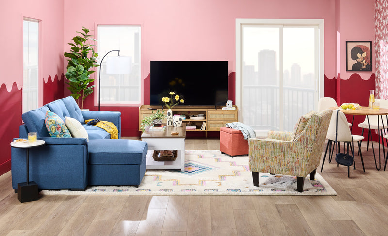 Sofa-lit sectionnel réversible Eden 2 pièces en tissu avec fauteuil long de rangement et coussins de dossier amovibles - bleu