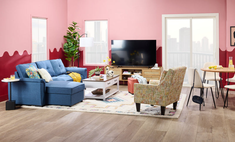 Sofa-lit sectionnel réversible Eden 2 pièces en tissu avec fauteuil long de rangement et coussins de dossier amovibles - bleu