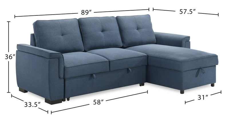 Sofa-lit sectionnel réversible Eden 2 pièces en tissu avec fauteuil long de rangement et coussins de dossier amovibles - bleu