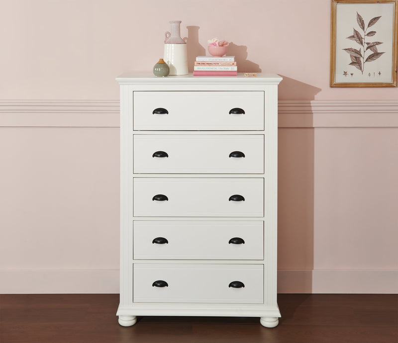 Commode verticale de chambre à coucher Ella de 36 po (L) x 53 po (H) à 5 tiroirs - blanche