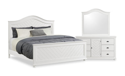 Ella 5pc Bedroom Set with Panel Bed, Dresser & Mirror, White  - King Size | Ensemble de chambre à coucher Ella 5 pièces blanc avec lit à panneaux, commode et miroir - format très grand lit