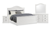  Ensemble de chambre à coucher Ella 6 pièces blanc avec lit à panneaux, commode, miroir et table de nuit - format très grand lit