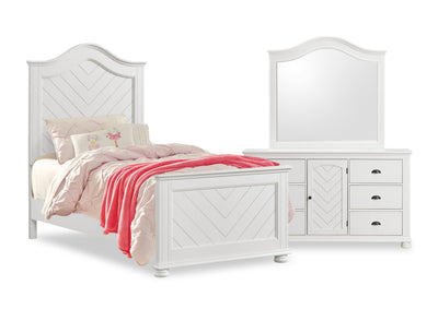 Ella 5pc Bedroom Set with Panel Bed, Dresser & Mirror, White  - Twin Size | Ensemble de chambre à coucher Ella 5 pièces blanc avec lit à panneaux, commode et miroir - format lit simple