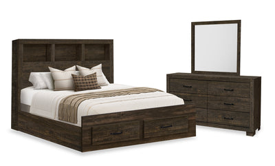 Ethan Storage 5pc Bedroom Set with Bookcase Headboard, Dresser & Mirror, Rustic Brown - Queen Size | Ensemble de chambre à coucher Ethan 5 pièces brun rustique avec rangement, tête de lit bibliothèque, commode et miroir - format grand lit