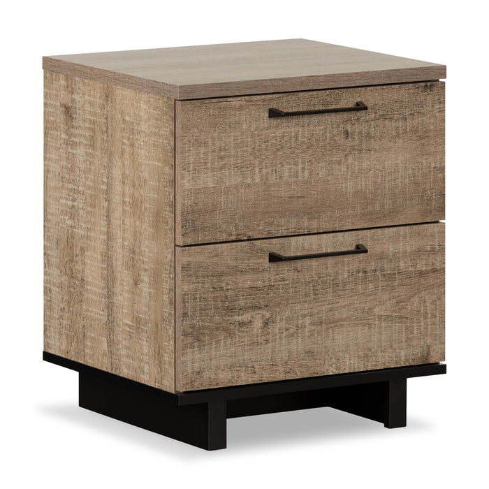 Ensemble lit plateforme Everley 5 pièces avec tête de lit à panneau, commode verticale et table de nuit, deux couleurs - format lit simple