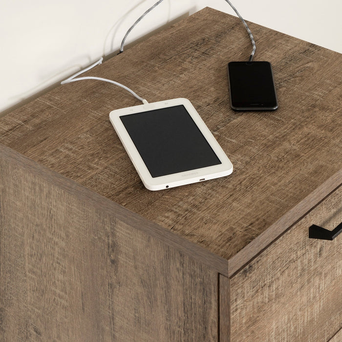 Ensemble lit plateforme Everley 5 pièces avec tête de lit à panneau, commode verticale et table de nuit, deux couleurs - format lit simple