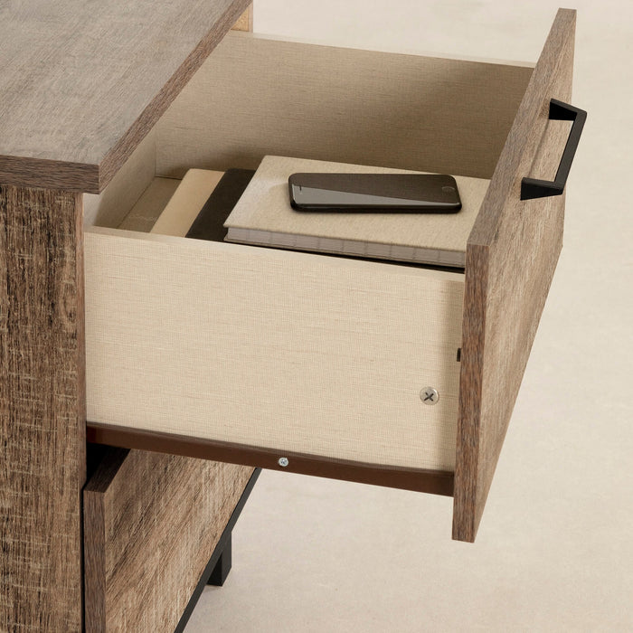 Ensemble lit plateforme Everley 5 pièces avec tête de lit à panneau, commode verticale et table de nuit, deux couleurs - format lit simple