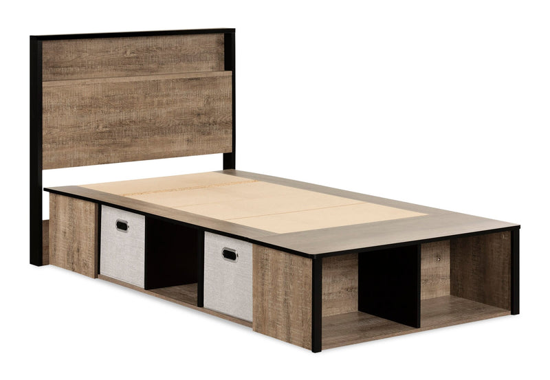 Ensemble lit plateforme Everley 5 pièces avec tête de lit à panneau, commode verticale et table de nuit, deux couleurs - format lit simple