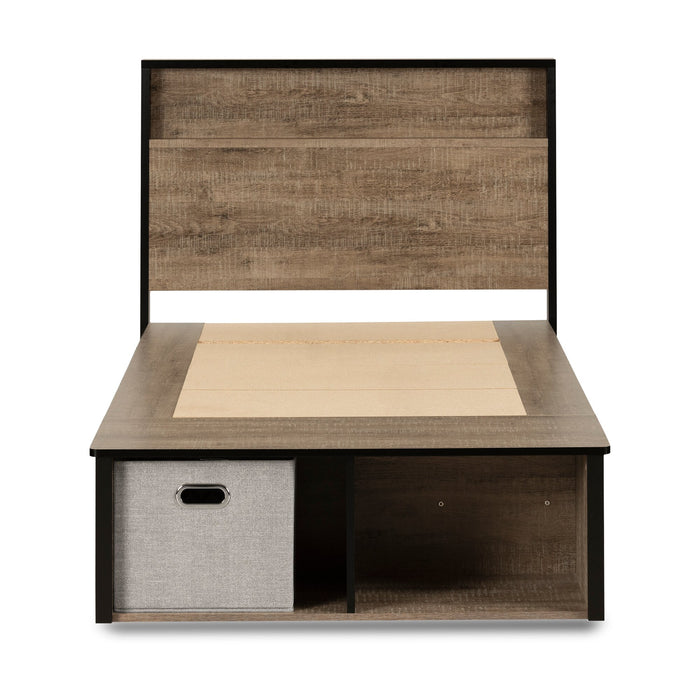 Ensemble lit plateforme Everley 5 pièces avec tête de lit à panneau, commode verticale et table de nuit, deux couleurs - format lit simple