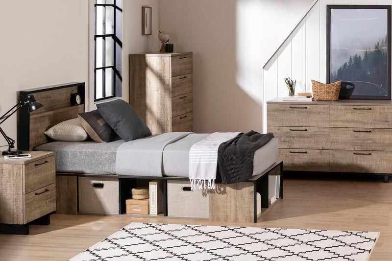 Ensemble lit plateforme Everley 5 pièces avec tête de lit à panneau, commode verticale et table de nuit, deux couleurs - format lit simple