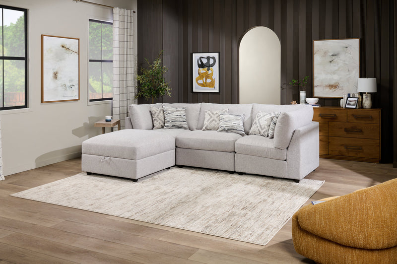Sofa sectionnel modulaire Evolve de Scott Living 4 pièces en tissu d’apparence lin avec pouf et coussins en duvet et plumes - gris