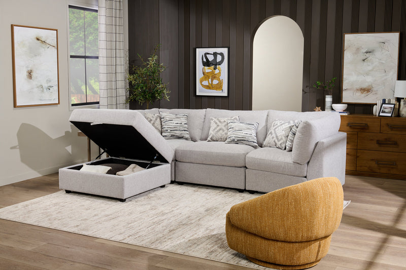 Sofa sectionnel modulaire Evolve de Scott Living 4 pièces en tissu d’apparence lin avec pouf et coussins en duvet et plumes - gris