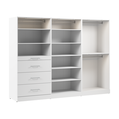 Bestar Florence 107" Modular Walk-In Closet System With LED Lights, Rods, Shelves and Drawers Slab Style - White|Système de pièce-penderie modulaire Florence de Bestar de 107 po avec éclairages à DEL, tringles, tablettes et tiroirs de style lisse - blanc