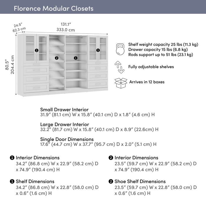 Système de pièce-penderie modulaire Florence de Bestar de 132 po avec éclairages à DEL, tiroirs, portes et tablettes pour chaussures de style Shaker - blanc