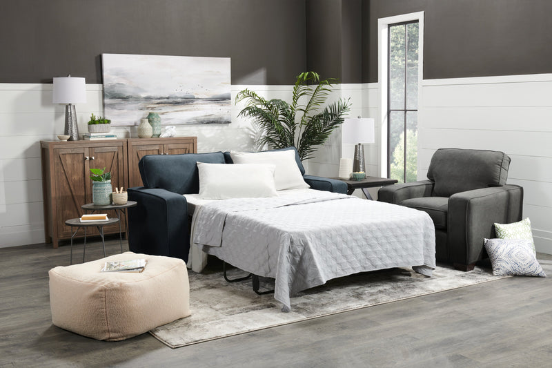 Sofa-lit double Fiona de 74 po fabriqué au Canada en tissu de chenille avec accoudoirs rectilignes - bleu marine