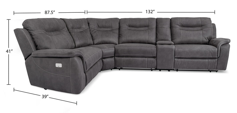 Sofa sectionnel à inclinaison électrique Floy 5 pièces en suédine avec appuie-têtes électriques, console de rangement et port USB - gris