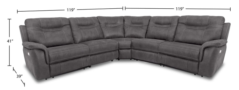 Sofa sectionnel à inclinaison électrique Floy 5 pièces en suédine avec appuie-têtes électriques et port USB - gris