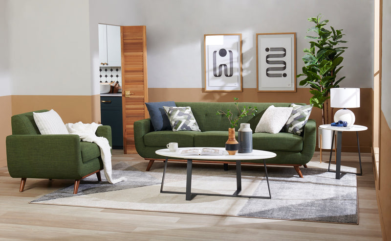 Sofa Freeman Kort & Co. de 88 po en tissu d’apparence lin avec pattes en bois et coussins de dossier capitonnés - vert avocat