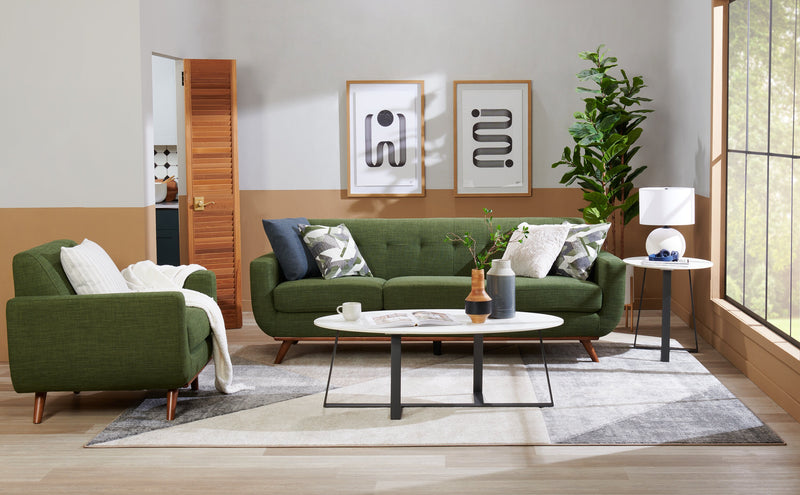Sofa Freeman Kort & Co. de 88 po en tissu d’apparence lin avec pattes en bois et coussins de dossier capitonnés - vert avocat