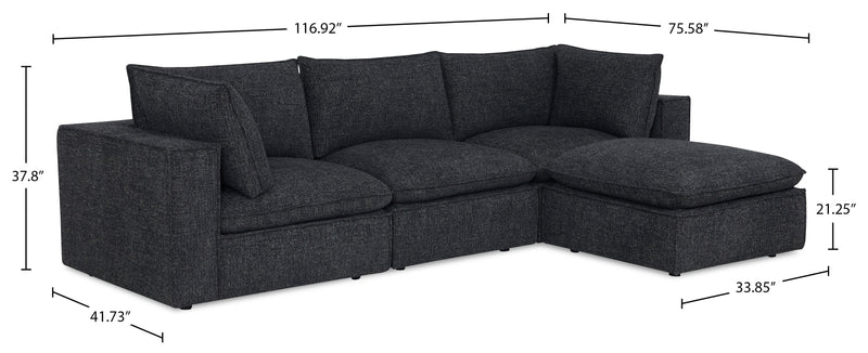 Sofa sectionnel modulaire Fusion 4 pièces en tissu de chenille gris anthracite avec coussins et pouf en duvet et plumes