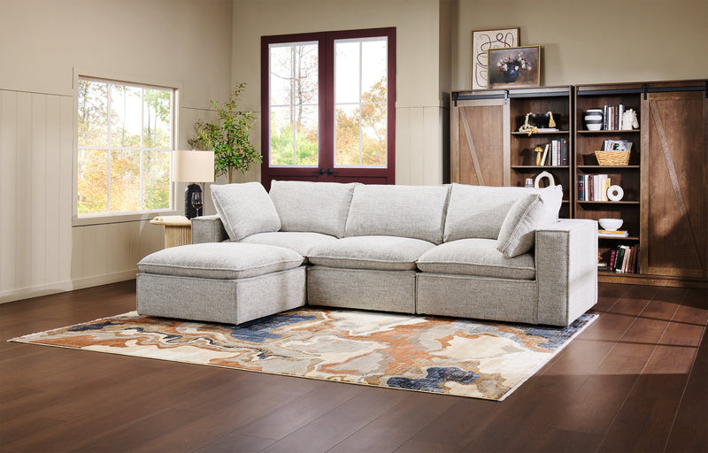 Sofa sectionnel modulaire Fusion 4 pièces en tissu de chenille gris argenté avec coussins et pouf en duvet et plumes