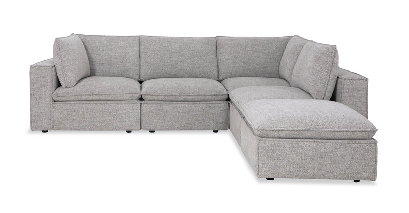Sofa sectionnel modulaire Fusion 5 pièces en tissu de chenille gris argenté avec coussins et pouf en duvet et plumes