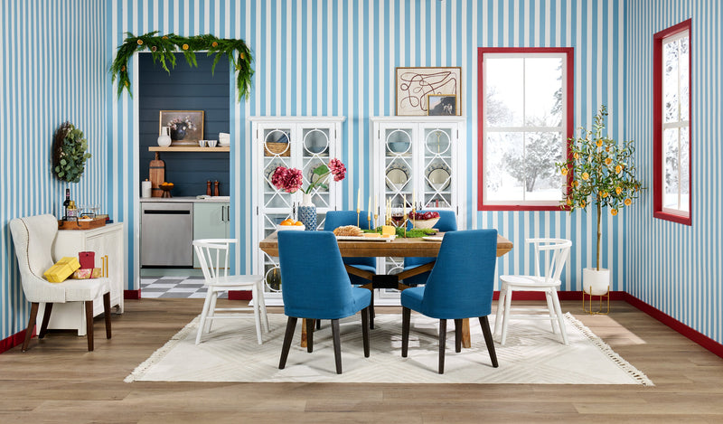 Chaise de salle à manger Gabi en tissu d’apparence lin - bleue