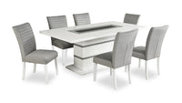  Ensemble de salle à manger somptueux Garbo 7 pièces avec table de 78,75 po (L), incrustation de verre, base piédestal et 4 chaises - blanc