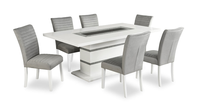 Ensemble de salle à manger somptueux Garbo 7 pièces avec table de 78,75 po (L), incrustation de verre, base piédestal et 4 chaises - blanc
