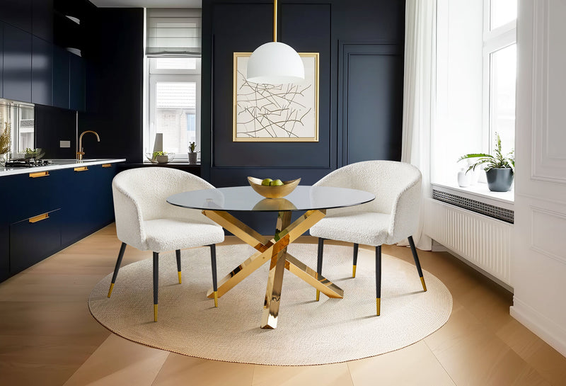 Chaise de salle à manger Gem en tissu bouclé et en métal avec touches dorées - blanche